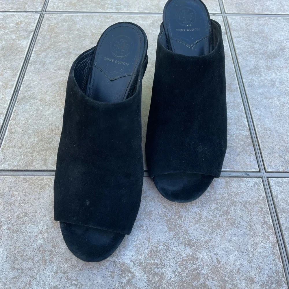 Tory Burch Black Embroidered Suede Mule Sandals Size 9